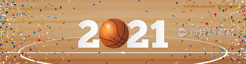 Happy New Year 2021 banner with basketball ball and paper confetti on basketball court background. Banner template design for New Year decoration in Sport Concept.